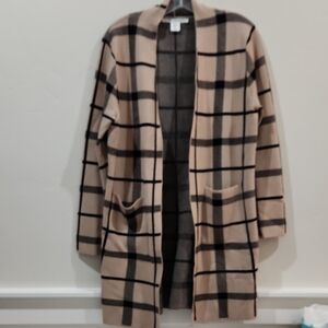 Max Studio Checkered Open Front Cardigan - Beige and Black